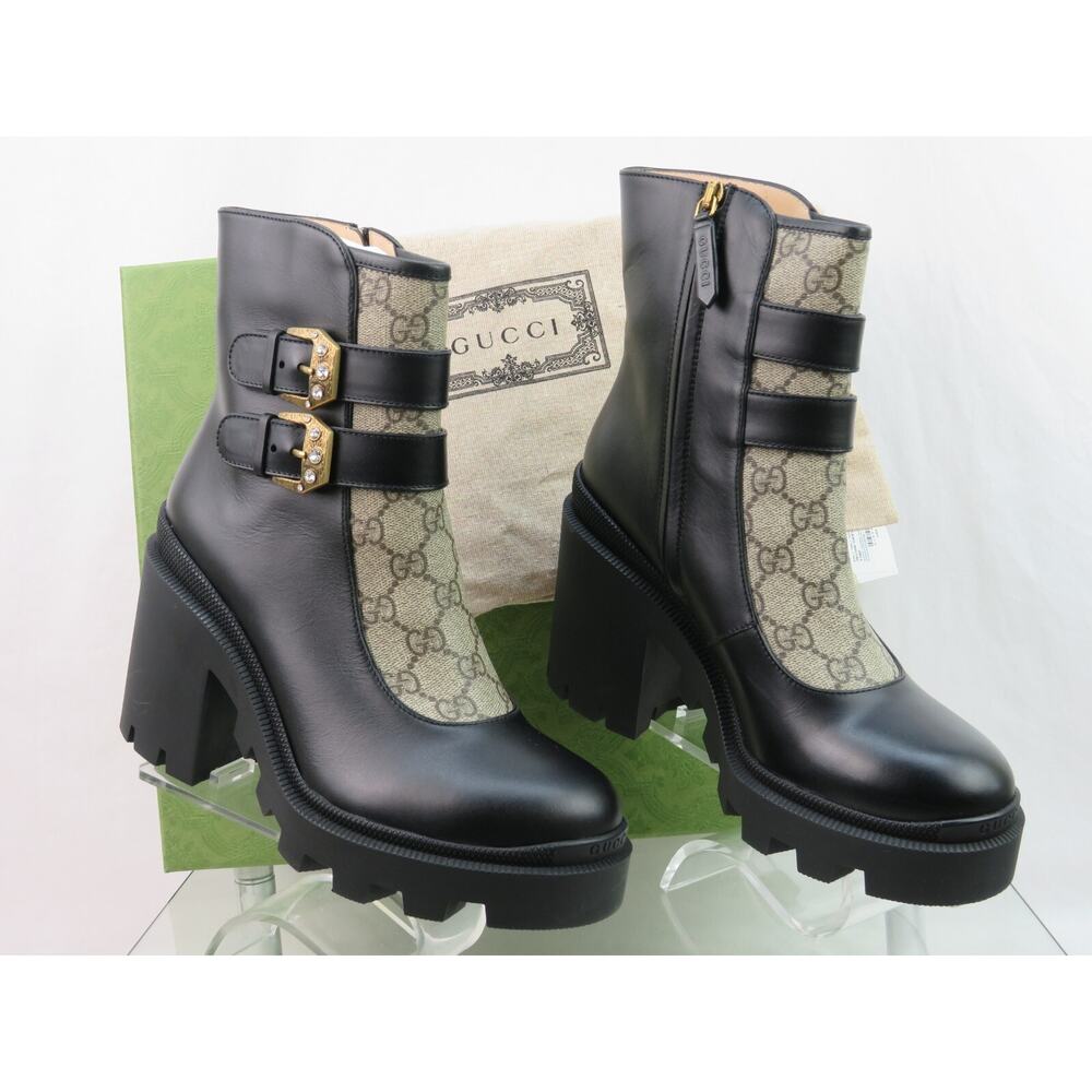 GUCCI SUPREME KENSINNGTON LEATHER LOGO MONOGRAM CRYSTALS BUCKLE SHORT BOOTS 39.5 - Picture 3 of 12